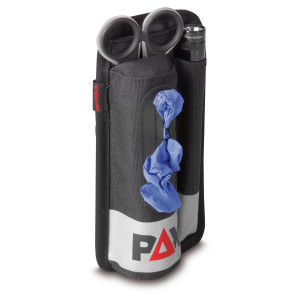 PAX Pro Series-Handschuhholster, Farbe Schwarz, Bestückt mit einer Taschenlampe Schere und Einweghandschuhen
