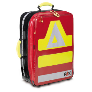 An dieser Stelle sehen Sie den PAX Notfallrucksack Wasserkuppe L in der Farbe rot. Der Rucksack ist geschlossen und wird schräg von vorne gezeigt. 