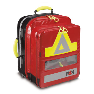 PAX Sanitätsrucksack Feldberg AED. Roter Notfallrucksack in Frontansicht mit AED Fach im Zugriff. 