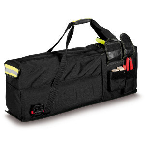 AX RIT-Bag closed bag in the front view. The bag is black. Door wedges and pliers are loaded as an example. Supplied without contents