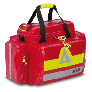 PAX emergency bag Dresden, front view closed, material PAX Tec, color red.
